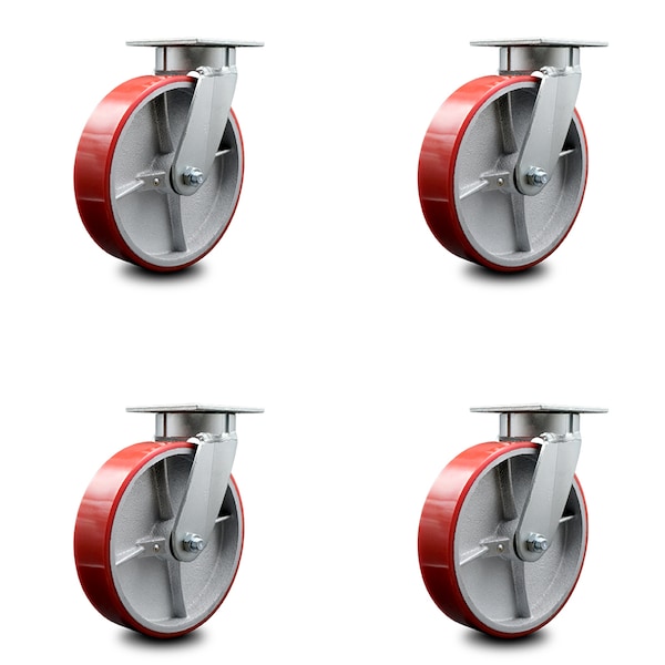 8 Inch Kingpinless Red Poly on Steel Wheel Swivel Top Plate Caster, 4PK
